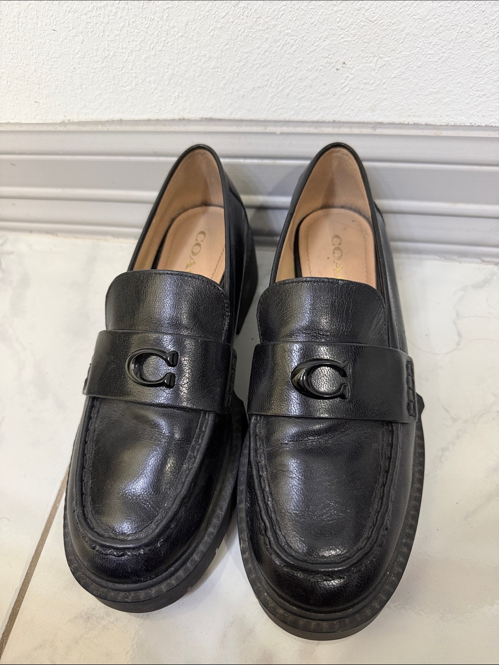 Coach Black Leather Signature C-Bit Penny Loafers